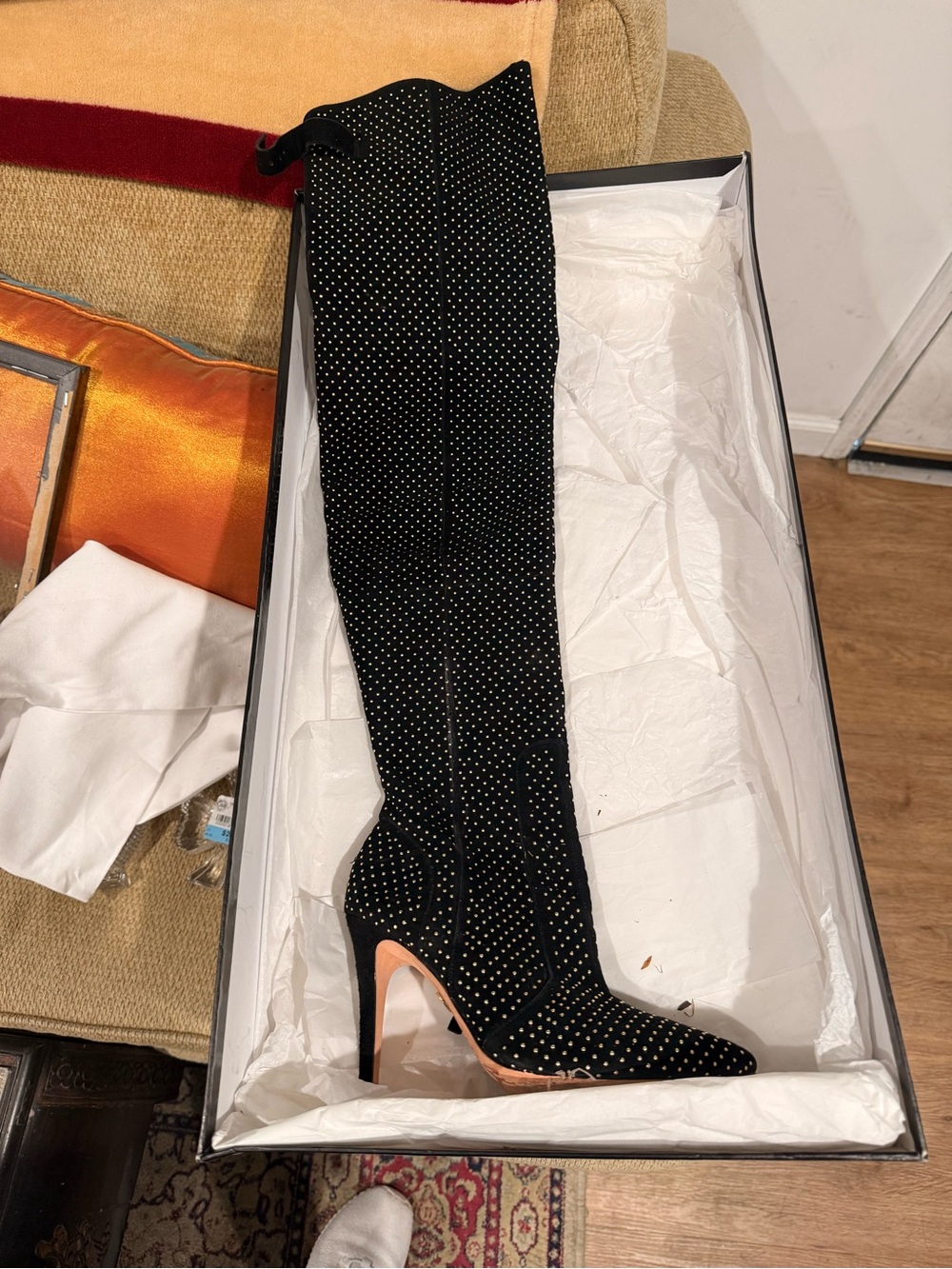 Alice + Olivia Black Over-the-Knee Studded Pointed-Toe Stiletto Boots - Picture 3 of 9